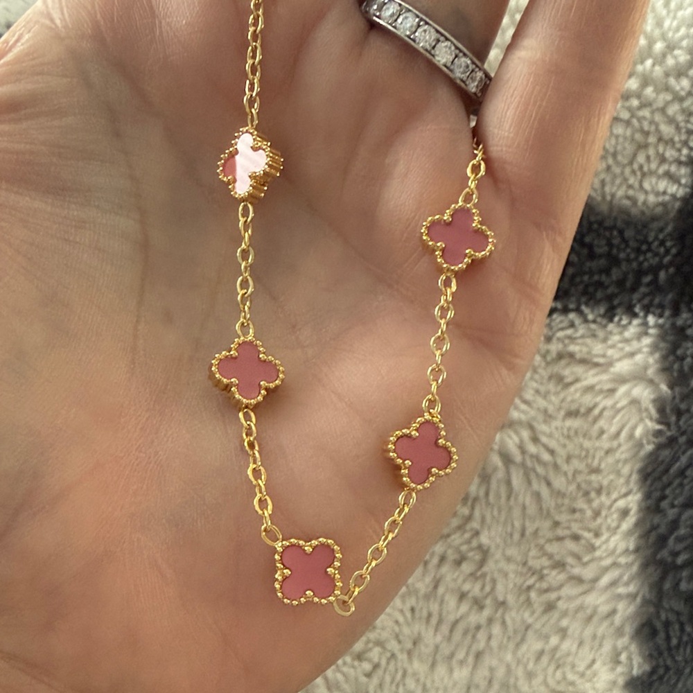 Pink Clover Bracelet in 14k Gold Over Stainless Steal